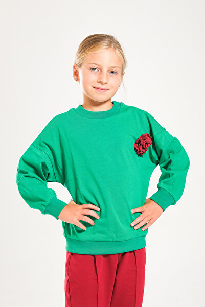 Classio Kids Girl's 100% Cotton Owersize Sweat and Lycra Two Thread Grass Detail Pants Set