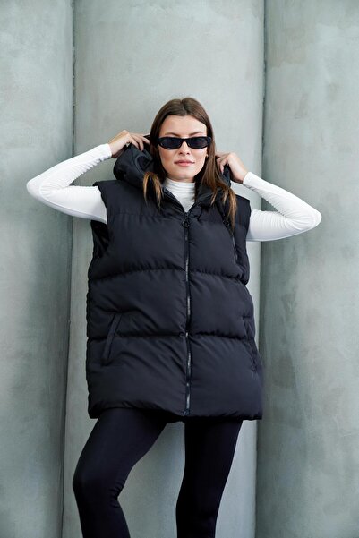 SOFT Black Women's Hooded Vest with Filling Regular