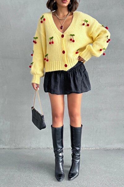 Lusin Γυναικεία Πλεκτή Ζακέτα με Αξεσουάρ Yellow Cherry