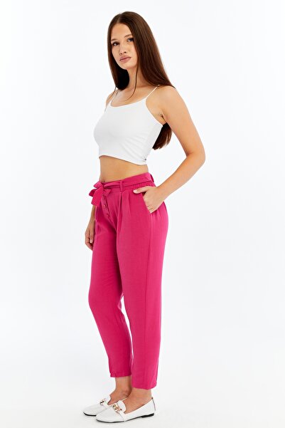 CHOS7N Women's High Waist Belted Relaxed Fit Pink Trousers – Button Detailed Casual & Stylish