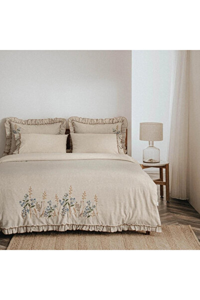 Ecocotton Latifa Çift Kişilik Nevresim Takımı %100 Organik Pamuk Keten Nakışl...