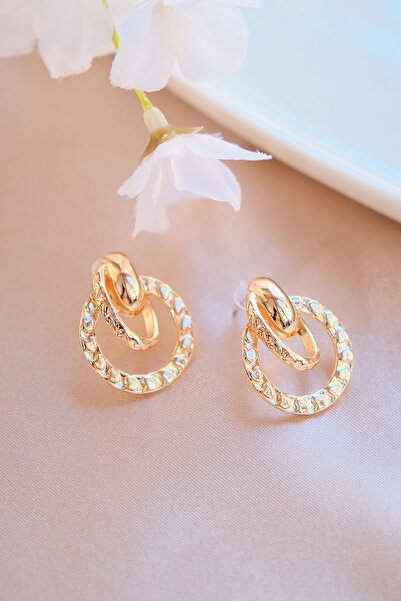 AURRARİ Kadın Gold Çizgili Iç Içe Halka Küpe Seti