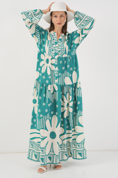Merterium Women's Patterned Long Hijab Dress E.Mint 1155
