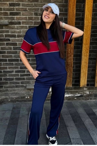 Ded COLLECTION Women's Thick Stripe Detailed Short Sleeve Wide Leg Modal Comfortable Suit