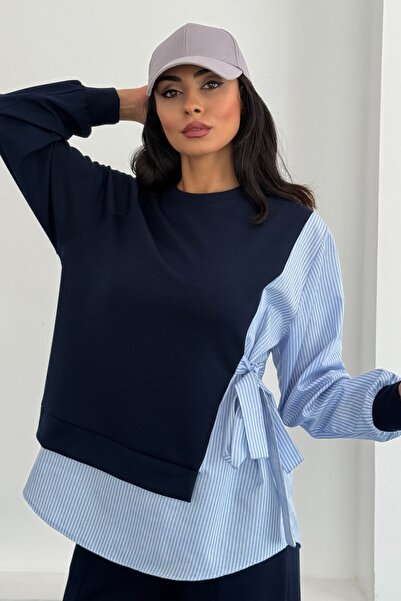 Ded COLLECTION Női csíkos ing, részletgazdag, oldalt megkötős, hosszú ujjú, csőszárú alsó felső, modális szett