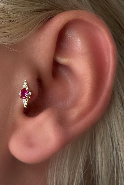 TAKIŞTIR Altın Renk Taş Detaylı Çelik Tragus/Kıkırdak Küpe/Piercing (Tek)