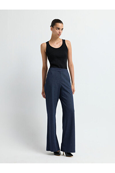 adL Denim Görünümlü Çizgili Bol Paça Pantolon