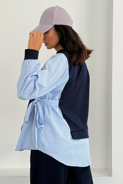 Ded COLLECTION Women's Striped Shirt Detailed Side Tie Long Sleeve Tube Leg Bottom Top Modal Suit