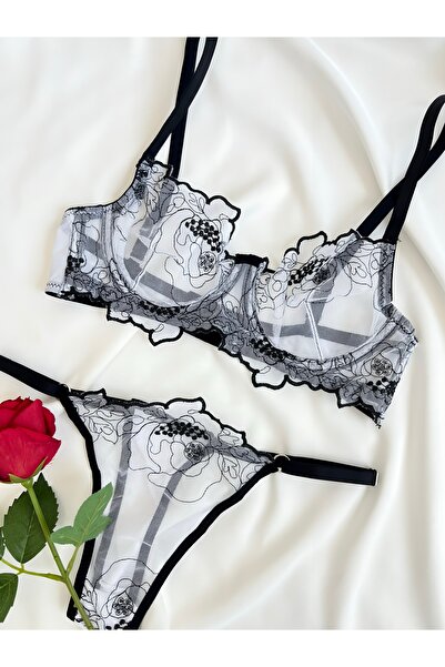 Genel Markalar Çiçek Desenli İşlemeli Balenli Kapsız Sütyen Tanga İç Çamaşırı...