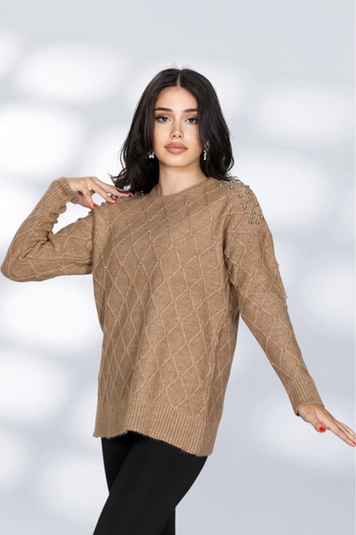 NEWCO Pearl Stone Detailed Knitted Patterned Loose Knitwear Sweater Crew Neck Comfortable Fit Stylish Daily Model