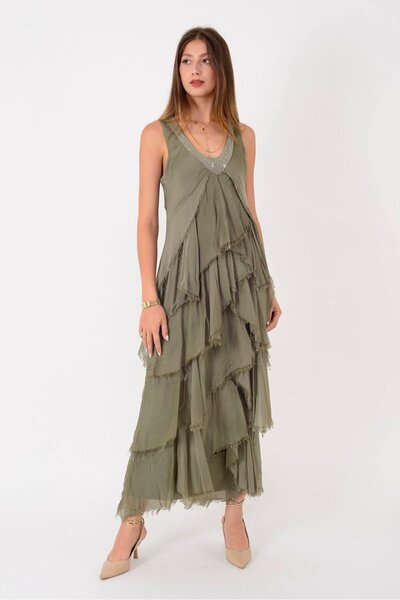 Butik Ayseba Park Moda Sequin Detail V Neck Layered Silk Evening Dress