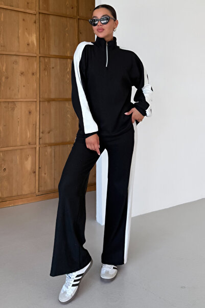 MODAGEN Dámský černý komplet s límečkem a polovičním zipem s detaily tlustého vzoru