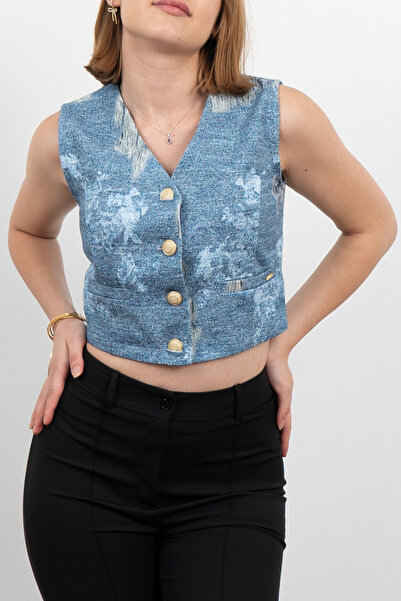 MissVina Denim Gabardine Ripped Print Look Short Vest 9131