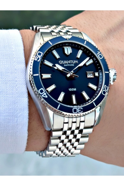 Quantum Silver-Navy Blue Color Sapphire Glass Steel Cord Steel Case Men's Wrist Watch with Calendar 1215.390Mr