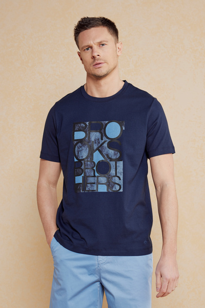 BROOKS BROTHERS Erkek Lacivert %100 Pamuk Baskılı Bisiklet Yaka Tişört