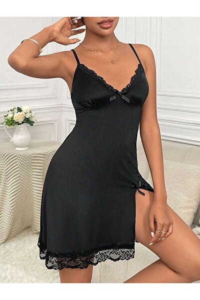 GAZANİGA Women's Black Strap Bow Lace Detailed Nightgown Shi̇ne