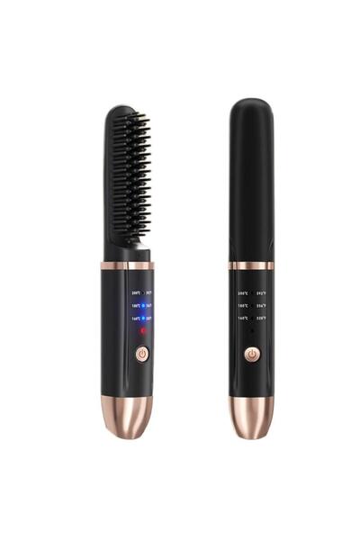 Tradeo Electric Hair Straightening Brush – 3 Heat Settings, USB Base, 21.5cm, Black & Rose Gold