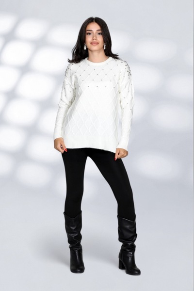 NEWCO Pearl Stone Detailed Knitted Patterned Loose Knitwear Sweater Crew Neck Comfortable Fit Stylish Daily Model