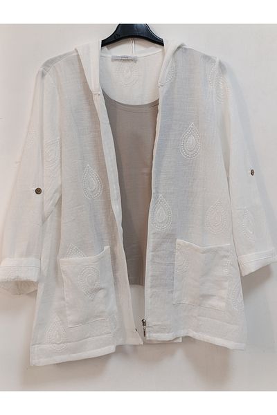 AKŞEN GİYİM Large Size 100% Cotton Linen Embroidery Detailed 80 cm Basen Covering Boyda Hooded Jacket