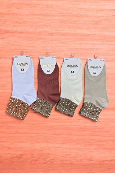 ZENGİN 4 чифта безшевни дамски къси чорапи с леопардов принт