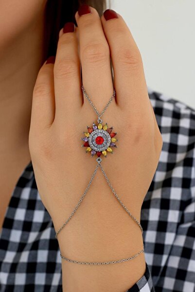 TAKIŞTIR Silver Color Daisy Figured Stone Detailed Steel Shahmeran