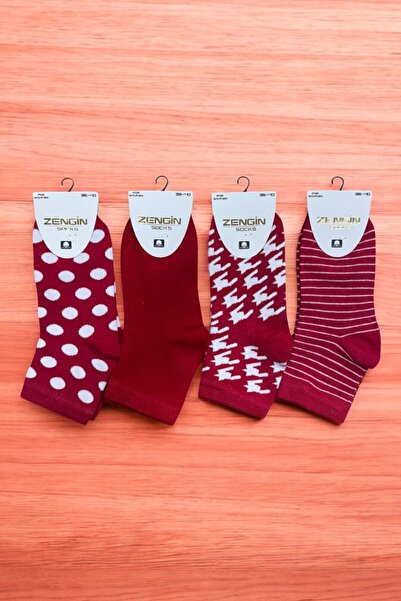 ZENGİN 4 Pairs of Seamless Red Patterned Women's Short Socks