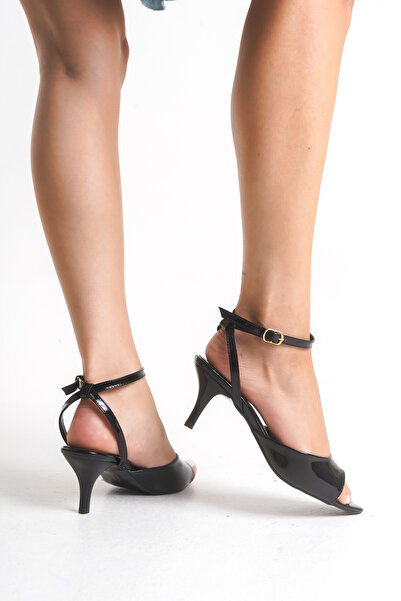 Bak Store Black Patent Leather Pointed Toe Buckle Women's Heeled Shoes