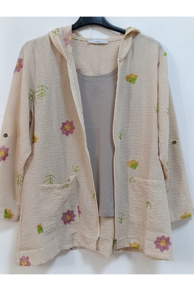 AKŞEN GİYİM Large Size 100% Cotton Linen Flower Embroidered 80 cm Basen Covering Boyda Hooded Jacket
