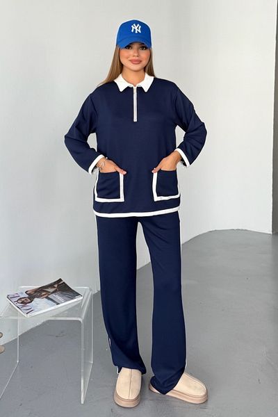 FEMELLE Navy Blue Modal Fabric Cotton Double Suit Women - Comfortable Stylish Bottom Top Set - Zipper Collar Pocket