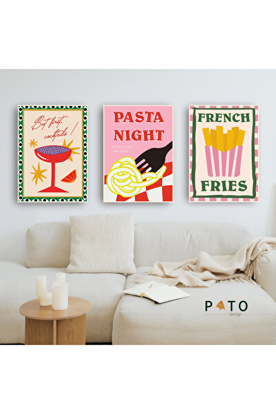 Pato Design 'Retro & Vintage Çerçeveli 3'lü Tablo Seti' But First Cocktails | Pasta Night | French Fries