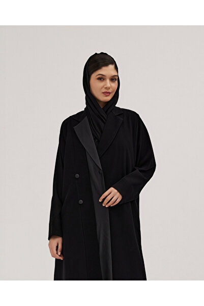 SOROSE SA عباية لف سوداء كلوش سيراميك وتفته بياقة وأزرار ديكور