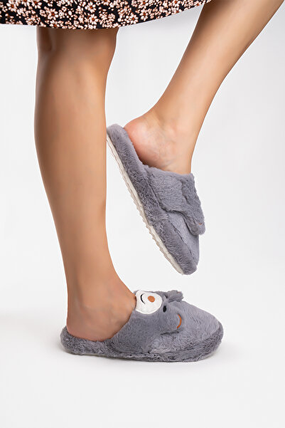 Blyss Kadın Gri Panda Figürlü Peluş Ev Terliği Kaymaz Sesiz Taban