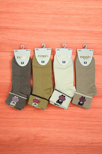 ZENGİN 4 أزواج من الجوارب القصيرة بدون خياطة على شكل دببة للنساء