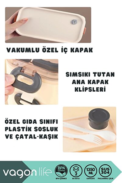 Vagonlife Bento 1350ml Lunchbox New Collection 2 Layers 3 Compartments and Sauce Bowl Steel Sefer Bowl Lunch Box