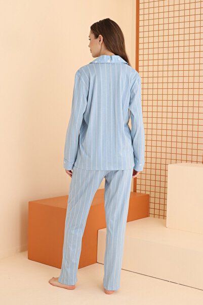 DREAM FASHION Mavi Çizgili Önden Düğmeli Pijama Takım