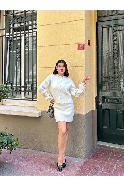 Lusin Women's Cream Cardigan Skirt Bottom Top Double Knitwear Set