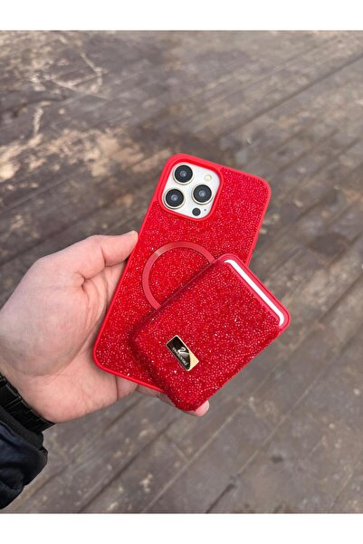 madamcase İPHONE 13 SWR KIRMIZI KARTLIKLI TAŞLI CÜZAN TELEFON KILIFI
