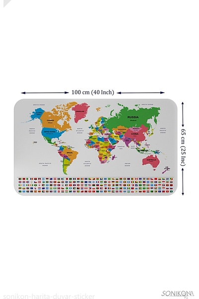 SONİKON LİNE Educational Capital Detailed World Map Wall Sticker with Country Flags, Decorative, 3833
