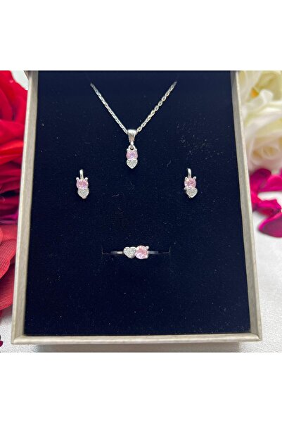 Victoria Pembe Kalp ve Tektaş Kadın 3'lü Set 925 Ayar Gümüş Zirkon Rodyumlu T...