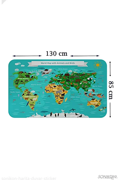 SONİKON LİNE Educational World Map World Atlas Kids Room Wall Sticker, Decorative, 3780