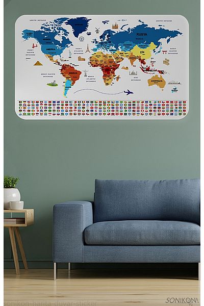 SONİKON LİNE Educational Capital Detailed World Map Wall Sticker with Country Flags, Decorative, 3857