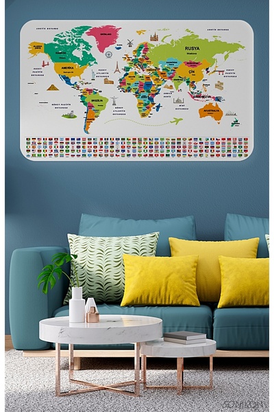 SONİKON LİNE Educational Capital Detailed World Map Wall Sticker with Turkish Country Flags, Decorative, 3860