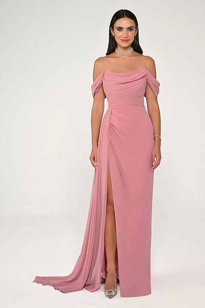 ALFABETA Long chiffon evening dress with side slit and off-the-shoulder