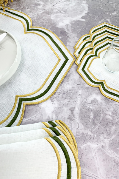 WEARE2 Khaki Gold Colored Moonrise Embroidered 8 Piece Set (4+4) American Service and Cocktail Napkin
