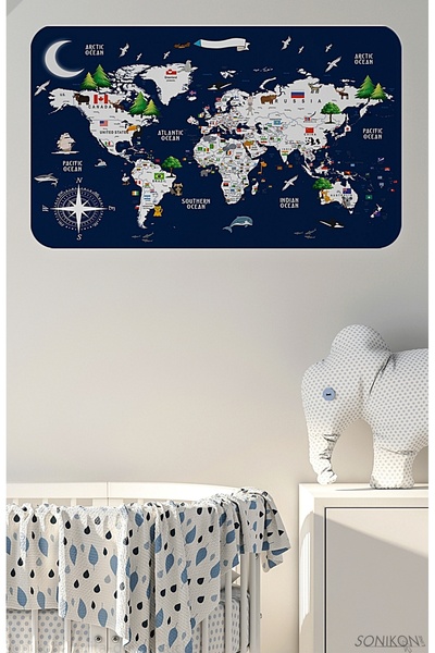 SONİKON LİNE Educational Flag World Map World Atlas Children's Room Wall Sticker, Decorative, 3819