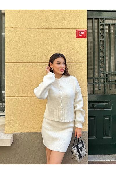 Lusin Women's Cream Cardigan Skirt Bottom Top Double Knitwear Set