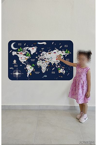 SONİKON LİNE Educational Flag World Map World Atlas Children's Room Wall Sticker, Decorative, 3819
