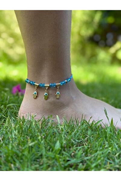 pivok Altın Renk Nazar Boncuklu Mavi Boncuklu Halhal Kadın Yazlık Plaj Takısı