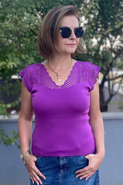 Mia Butik Women's Purple Zero Sleeve Openwork Knitwear Blouse