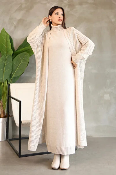 ALCHON Turtleneck Long Sleeve Ankle Length Solid Color Dress Hollowed Out Openwork Bat Sleeve Cardigan Knitwear Two-Piece Suit